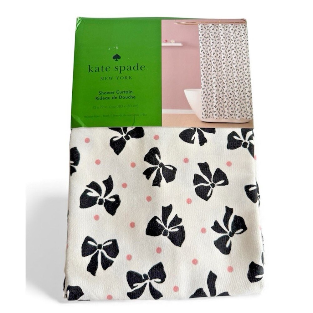 Kate Spade Shower Curtain Fabric Black Bows Pink Polka Dot 72x72 Coquette Chic